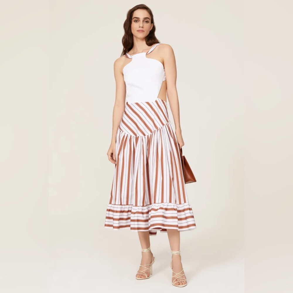 Rosie Assoulin white brown Flower Pot open back midi a-line 100% cotton dress 4